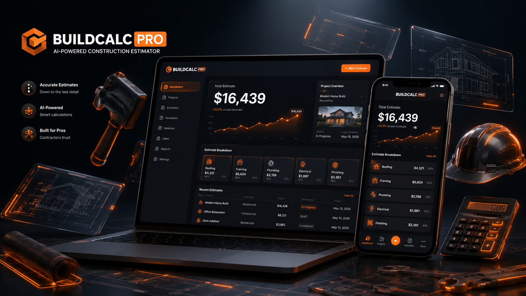 BuildCalc Pro dashboard showing construction estimate of $16,439 with project overview, trade breakdown, and recent estimates